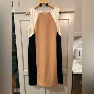 Ann Taylor Cream, Tan, and Navy Blue Color Block Dress